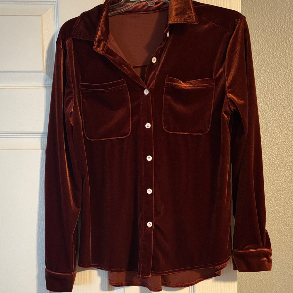 Velvet Button-Up Shirt in Rich Brown